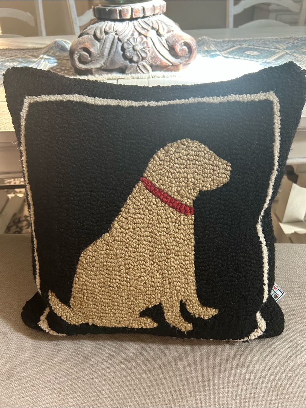 Hooked Wool Dog Silhouette Pillow with Red Collar